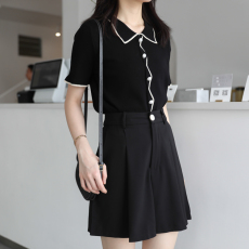 批发针织衫女2026年夏季拼色纽扣翻领POLO短袖t恤甜美上衣