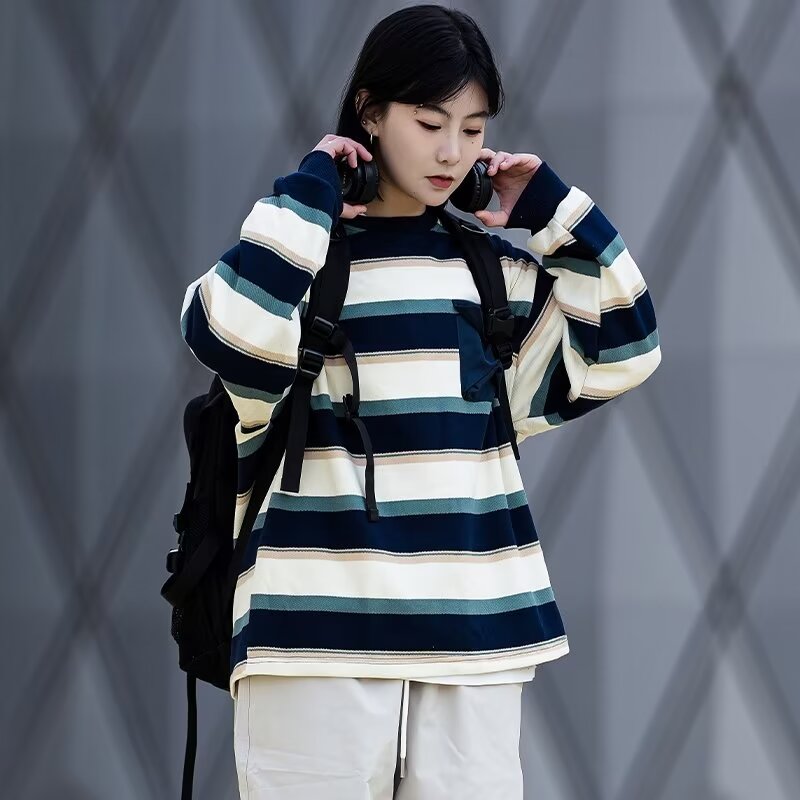 日系cityboy條紋圓領衛衣女春秋潮牌寬鬆復古拼色長袖上衣外套
