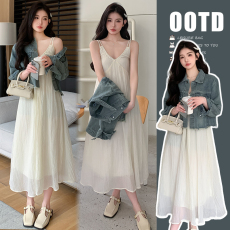 批发实拍 2025孕妇装秋装新款 仙女皱吊带裙牛仔外套两件套套装