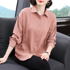 批发2025秋新款长袖衬衣女中年妈妈秋装大码宽松休闲上衣麻棉衬衣<b class='q'>外套</b>