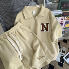 批发M到4XL原版华夫格运动套装女宽松<b class='q'>短袖</b>韩版潮流短裤休闲两件套