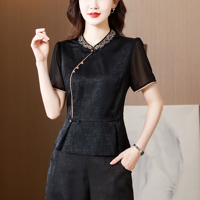 MY2250# 夏季新款真丝印花套头衫立领修身显瘦休闲印花上衣女裝貨源服裝批發