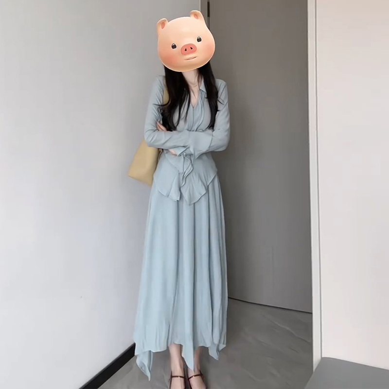 早春2024新款女裝穿搭高級感法式荷葉邊襯衫連衣裙子兩件套裝