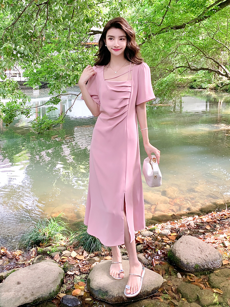 실사 달콤함 연령 감소 우아함 광장 칼라 여성 드레스 여름 마이크로 지방 mm 이전 조각 트임 표지 넓적 다리 슬림해 보이는 치마