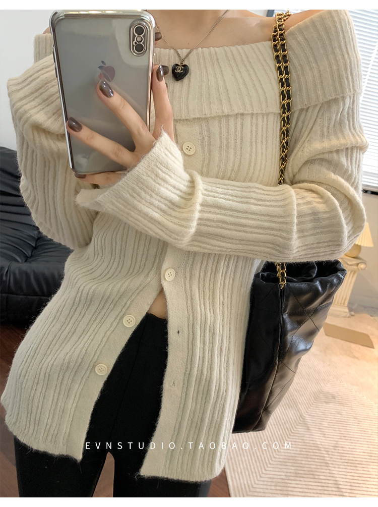 Gentle wind slit sweater women's new hot girl design niche long-sleeved one-shoulder sweater top