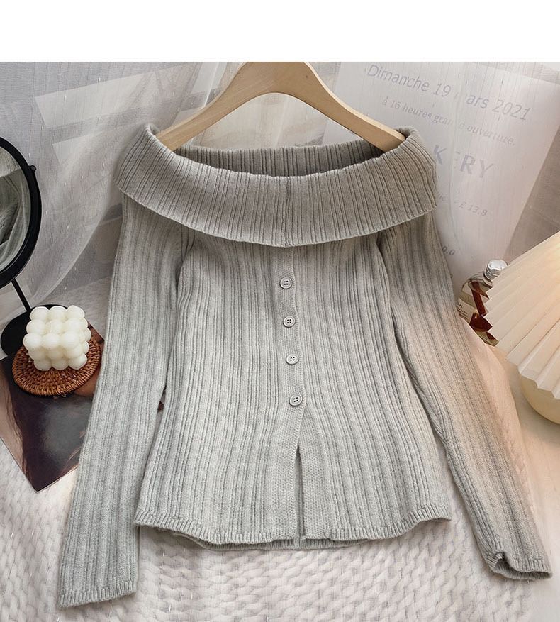 Gentle wind slit sweater women's new hot girl design niche long-sleeved one-shoulder sweater top