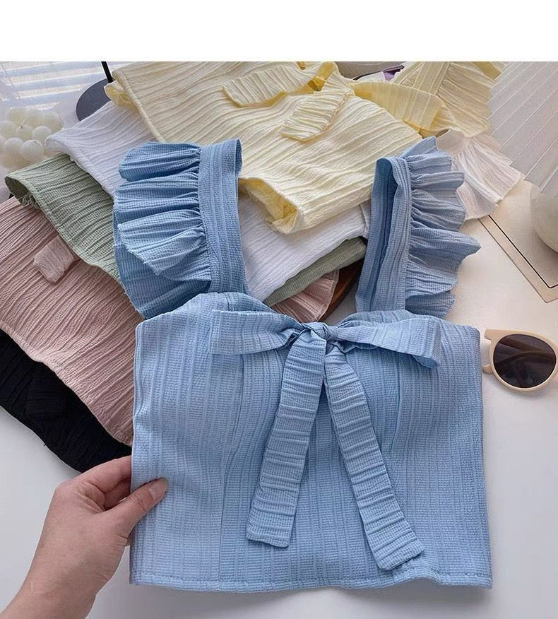 Ruffled small flying sleeves short solid color vest for women 2024 spring and summer Korean version temperament versatile tank top with chest pads