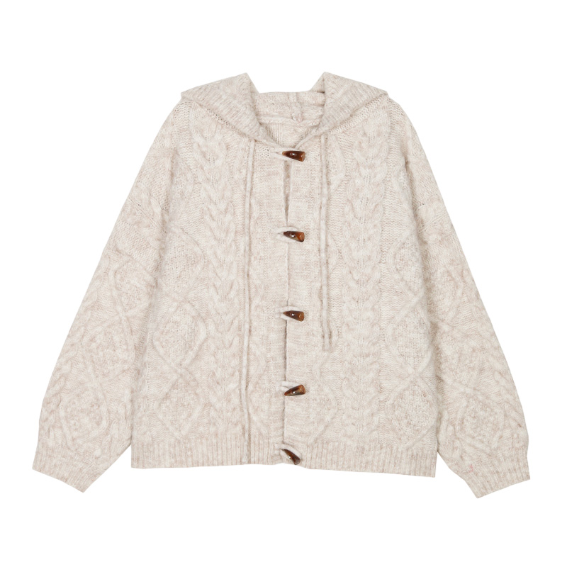 Horn button hooded sweater new Japanese style retro lazy style small knitted cardigan jacket for women in autumn and winter
