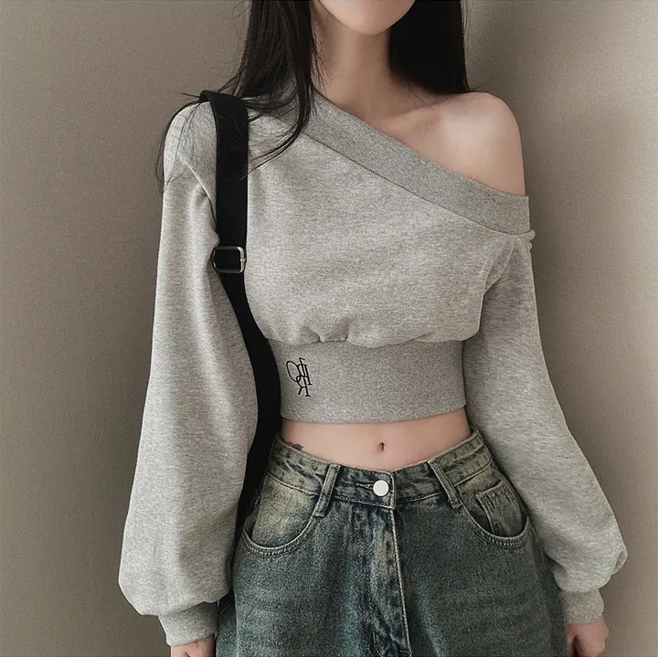 있음 선적 캐주얼 개성 오프숄더 허리 수축 쇼트 스타일 후드티