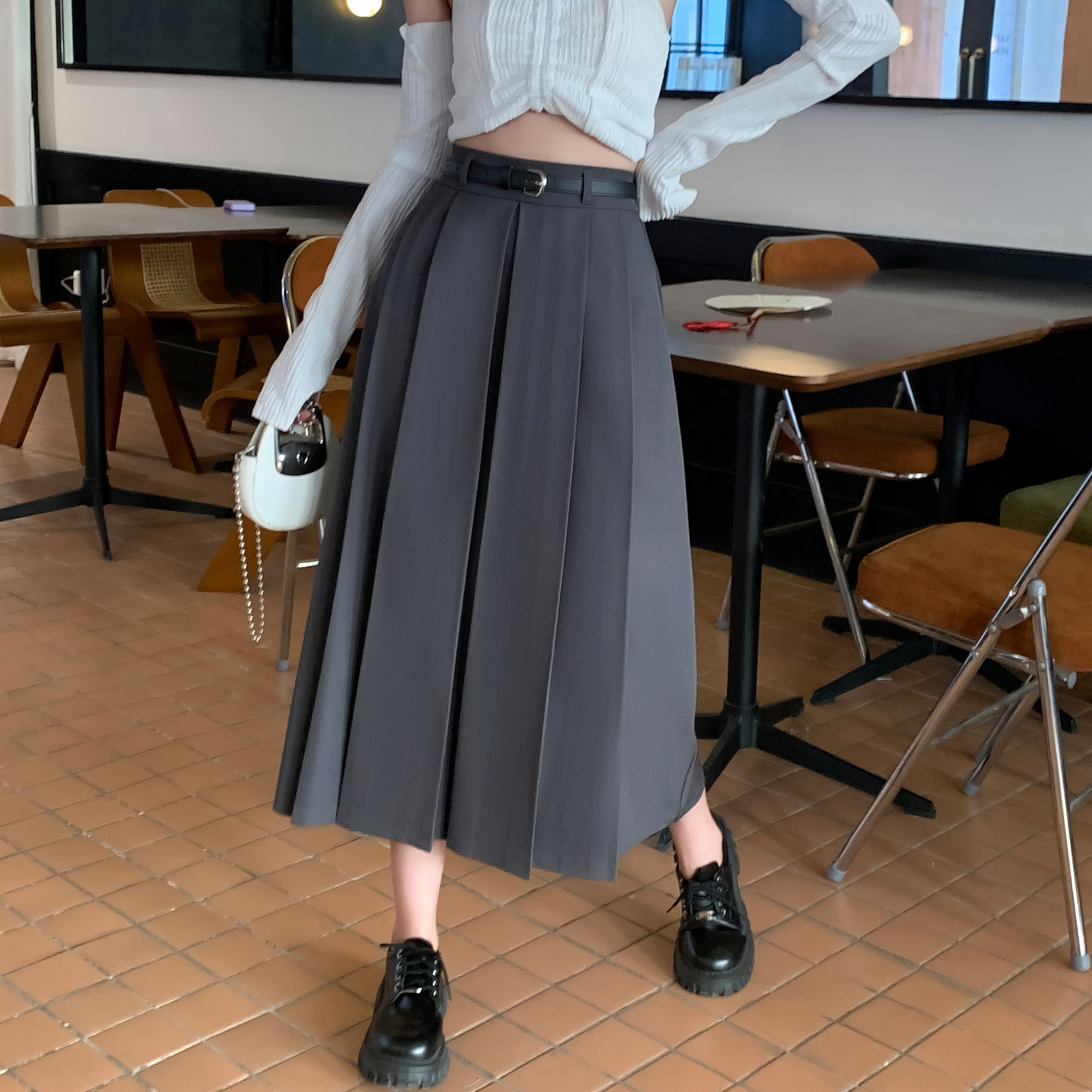 7925 real shot~Large size suit high waist pleated suit skirt women's high waist slimming crotch-covering A-line skirt