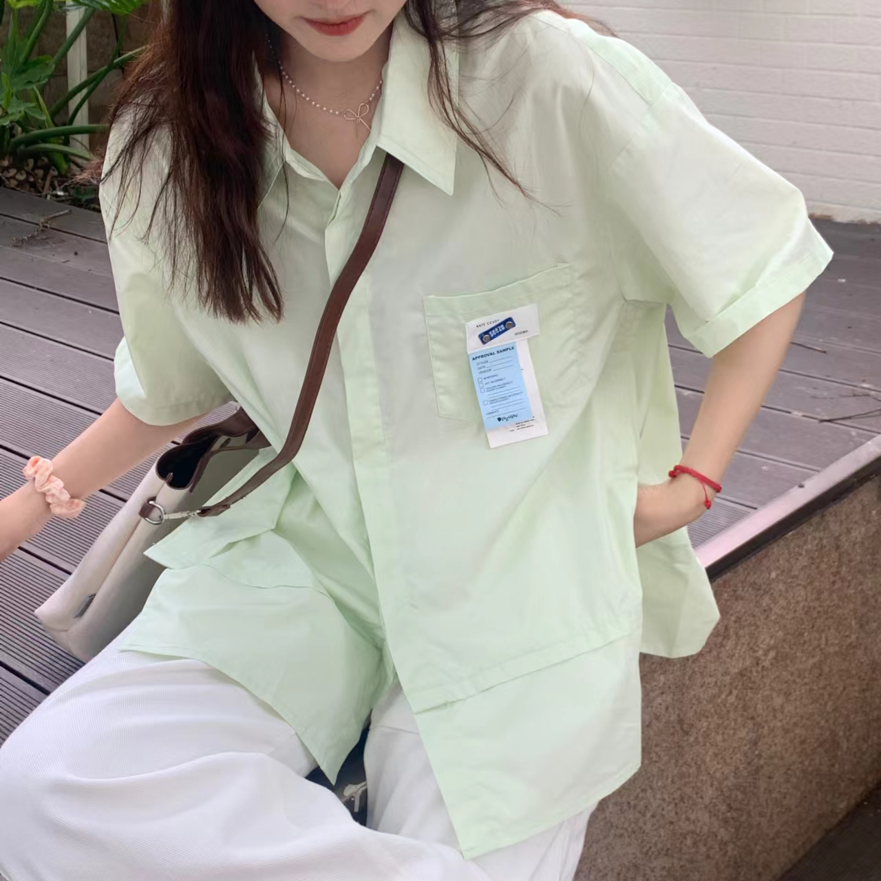 Japanese fresh green short-sleeved shirt for women summer new Korean style loose lazy style niche shirt