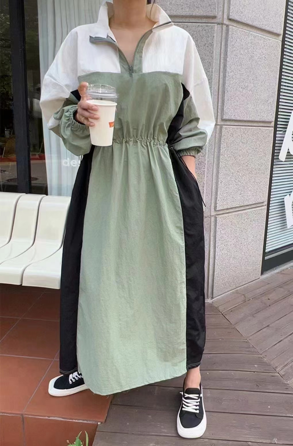 한국 스타일 빅 사이즈 여성 의류 패치워크 지퍼 스탠드 칼라 루즈핏 드레스 허리밴드 풀오버 미니멀리즘 바람막이