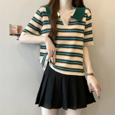 批发实拍 大码女装夏季胖妹妹V领条纹<b class='q'>短款</b>微胖针织短袖胖mm上衣