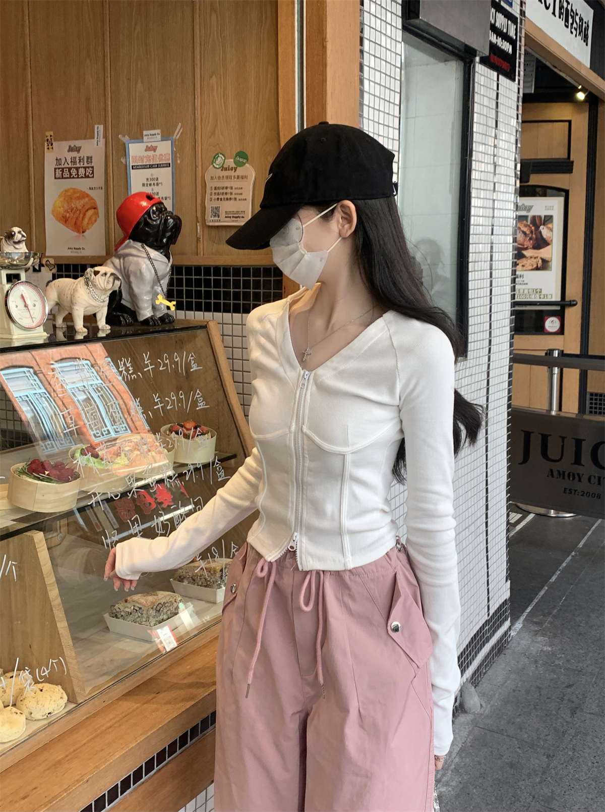 Actual shot of spring Korean style v-neck fishbone raglan all-match pure cotton zipper cardigan long-sleeved T-shirt top jacket
