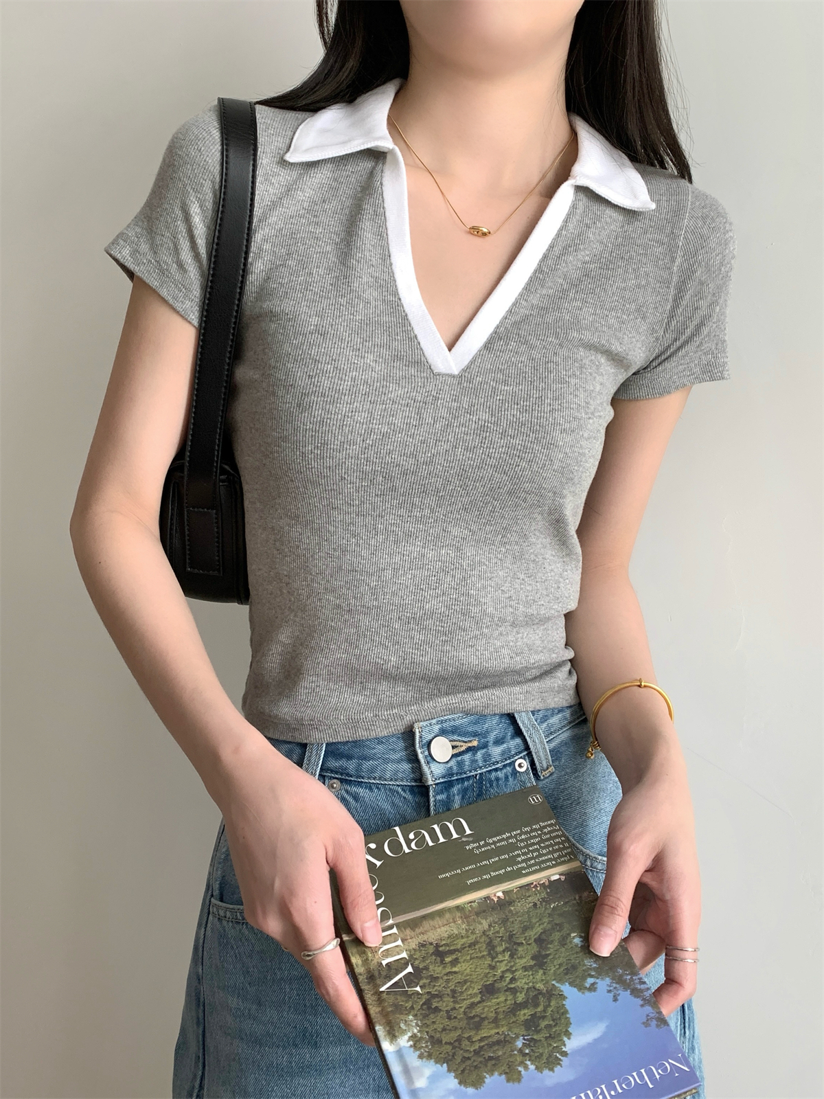 실사 정가 여름 한국 스타일 몸매 가꾸기 배색 POLO 칼라 품격 다용도 순면 반팔 티셔츠 맨위 여성
