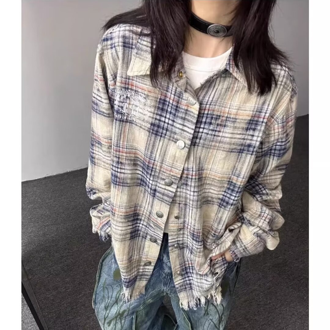 美式復古潮牌破壞感格子襯衫男女春秋寬鬆休閒顯瘦慵懶風襯衣外套