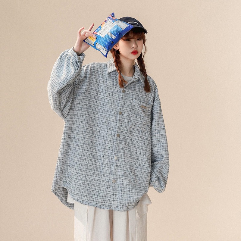 Japanese plaid long-sleeved shirt for women spring Korean style trendy small fragrance couple shirt Hong Kong style retro casual jacket