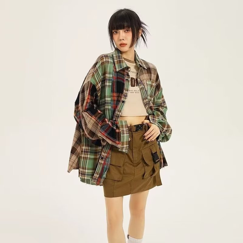American retro street style color-blocked plaid shirt spring and autumn niche shirt jacket loose casual long-sleeved top