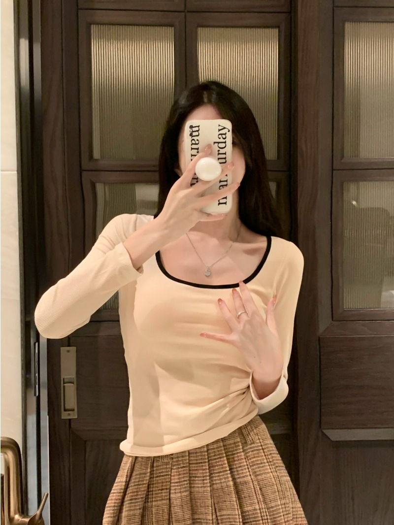 Women's winter long-sleeved slim-fit T-shirt with chest pad, brushed thickening, short top with chest pad and inner layering bottoming shirt