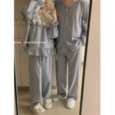 批发实拍实价<b class='q'>韩版</b>情侣甜美<b class='q'>简约</b>小清新条纹重工提花蕾丝长袖外穿家居服