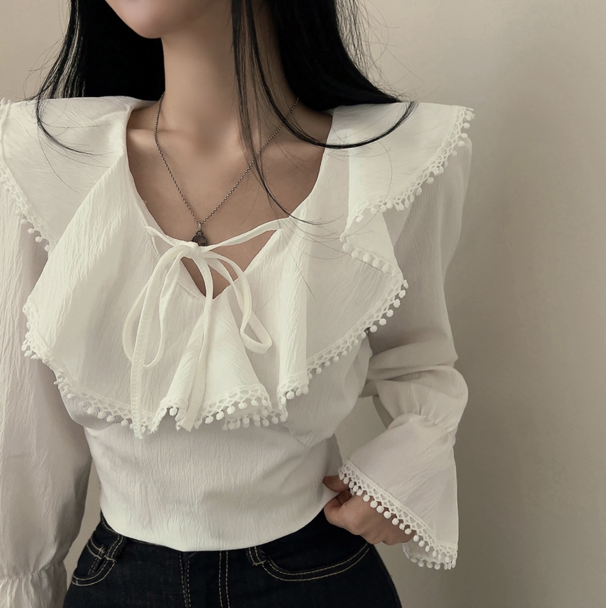 있음 선적 한국 chic 디자인 센스 프릴 나팔 소매 레이스업 허리 수축 셔츠