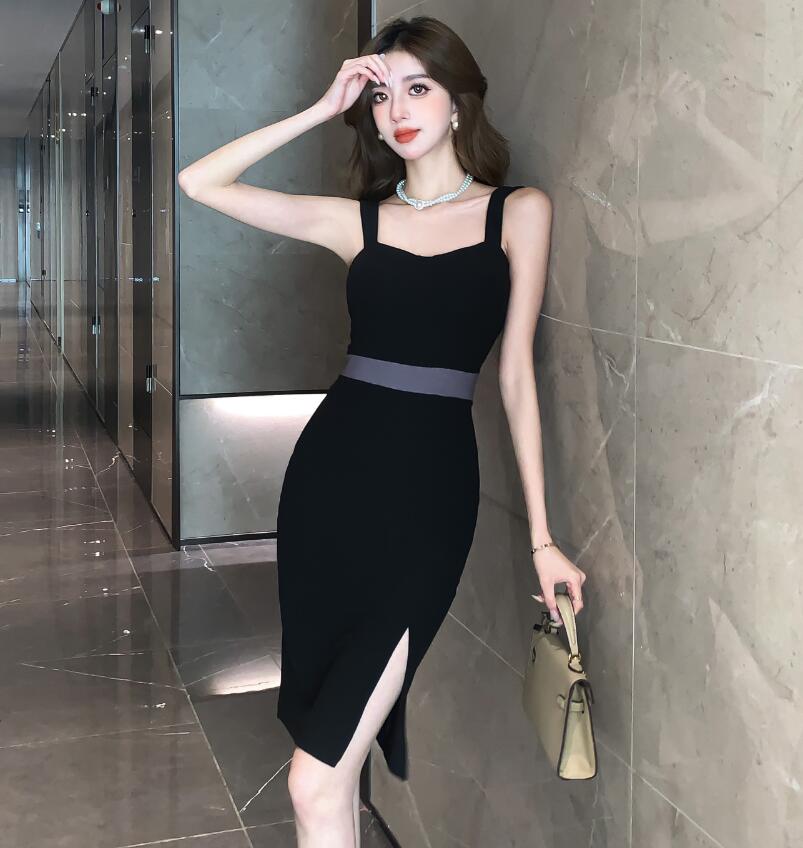 FA34072# 新款性感开叉修身吊带拼色显瘦紧身百搭包臀裙连衣裙子 服裝批發女裝批發服飾貨源