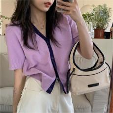 批发撞色短袖针织开衫女装薄款2026年夏季宽松慵懒风短款v领防晒上衣