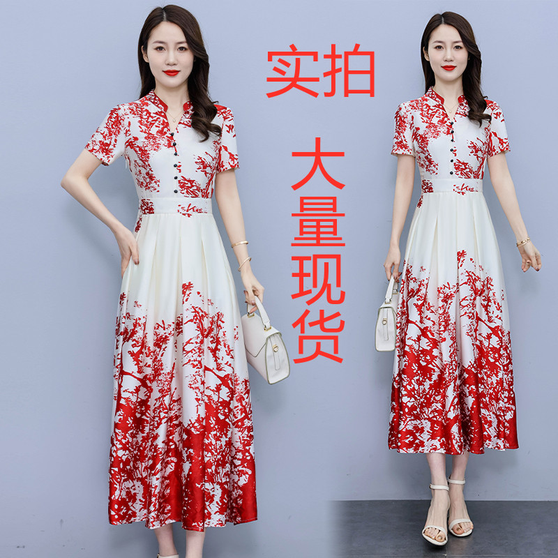 MY7907# 夏新款长袖醋酸缎面定位花连衣裙修身时尚中长裙女女裝貨源服裝...