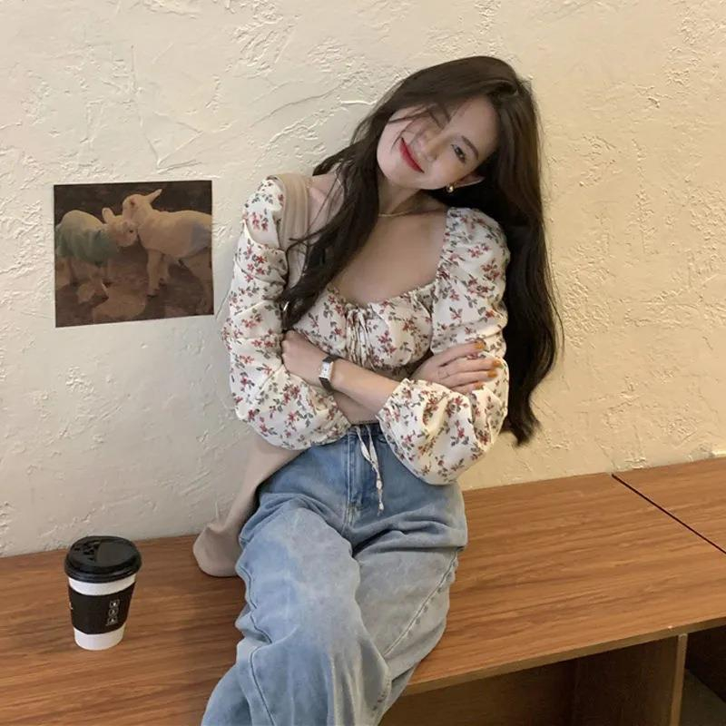 Designed short chic top women's early autumn 2024 new French floral square collar puff long-sleeved shirt