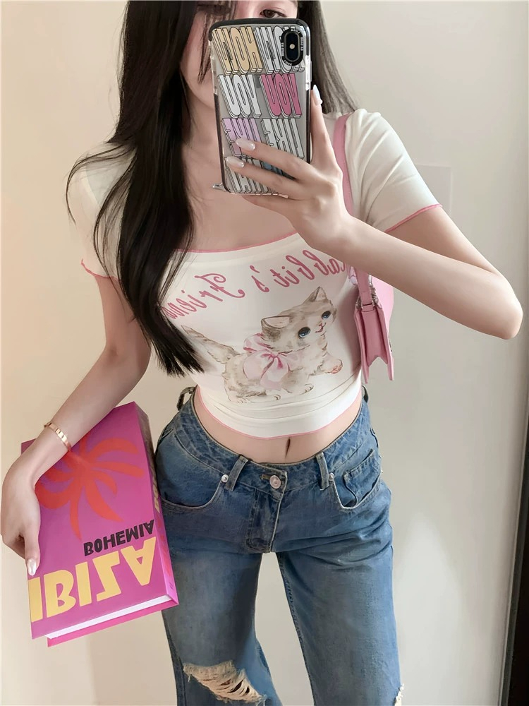 Cream White Cute Cat Print Square Neck T-Shirt Women's Summer Waist Closed Soft Waxy Short Top