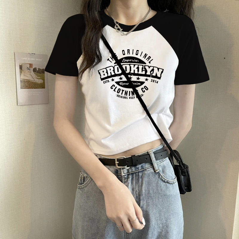 插肩短袖t恤女短款夏季新款字母印花洋氣減齡復古歐貨上衣INS潮流