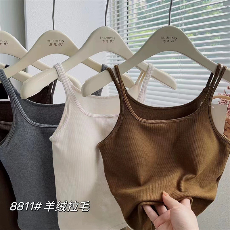 磨毛一體細帶背心雙肩帶聚攏上托秋冬打底吊帶背心女