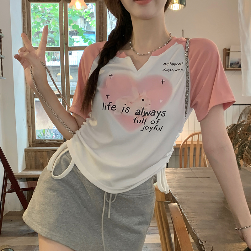 夏季新款設計感顯瘦v領短袖正肩女t恤大碼胖mm洋氣減齡不規則上衣