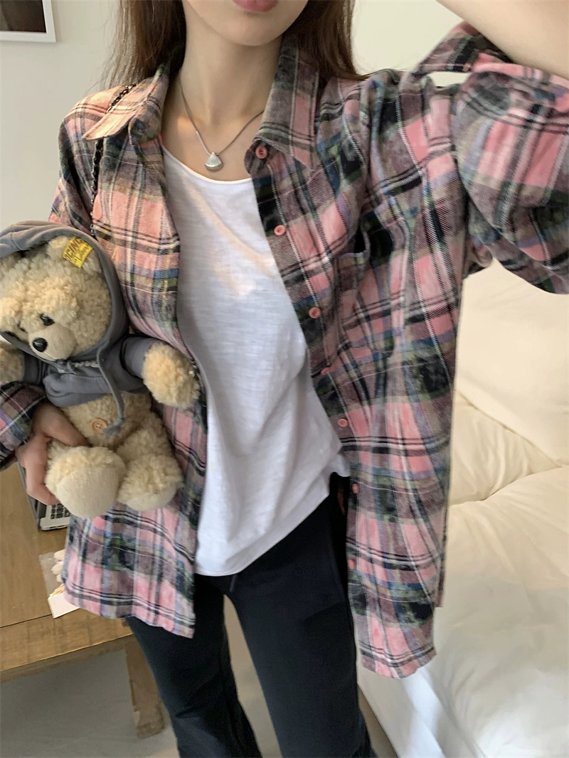 Korean style tie-dye plaid shirt tops for women 2024 spring new retro loose casual versatile long-sleeved shirt trendy