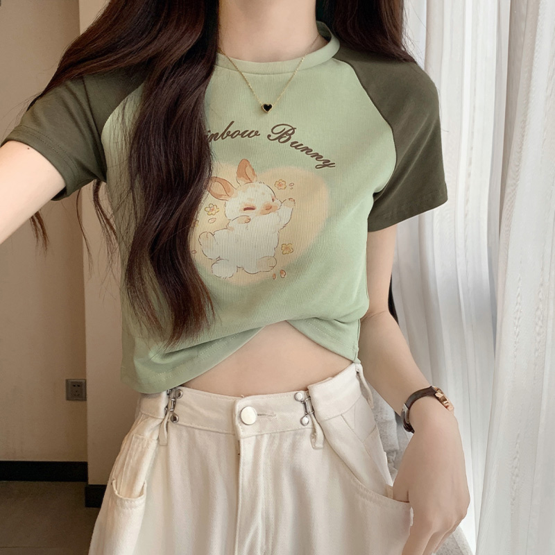 粉色甜美可愛兔子內搭正肩短袖T恤女夏季修身顯瘦短款打底ins上衣