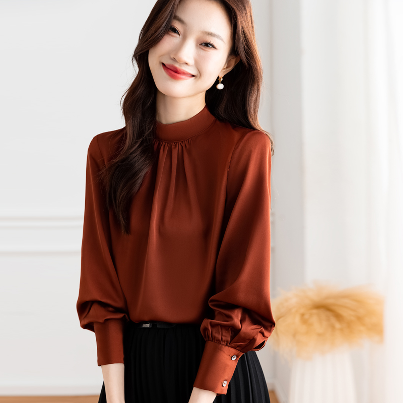 실사 2026 봄 아세트산 단색 스탠드 칼라 레이스업 슬림해 보이는 패션 출퇴근 다용도 여성 긴팔 작은 셔츠
