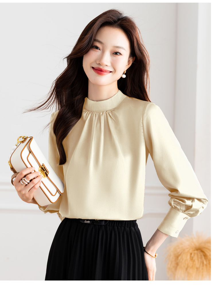 实拍2024春季醋酸纯色立领系带显瘦时尚通勤百搭女士长袖小衫