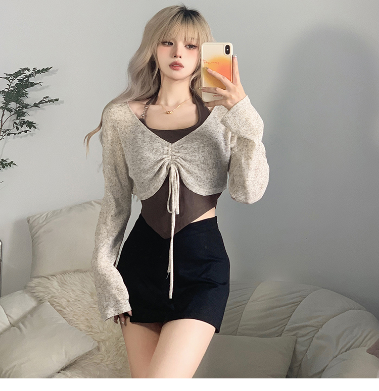 Autumn atmosphere irregular halterneck camisole with drawstring slimming long-sleeved T-shirt two-piece set