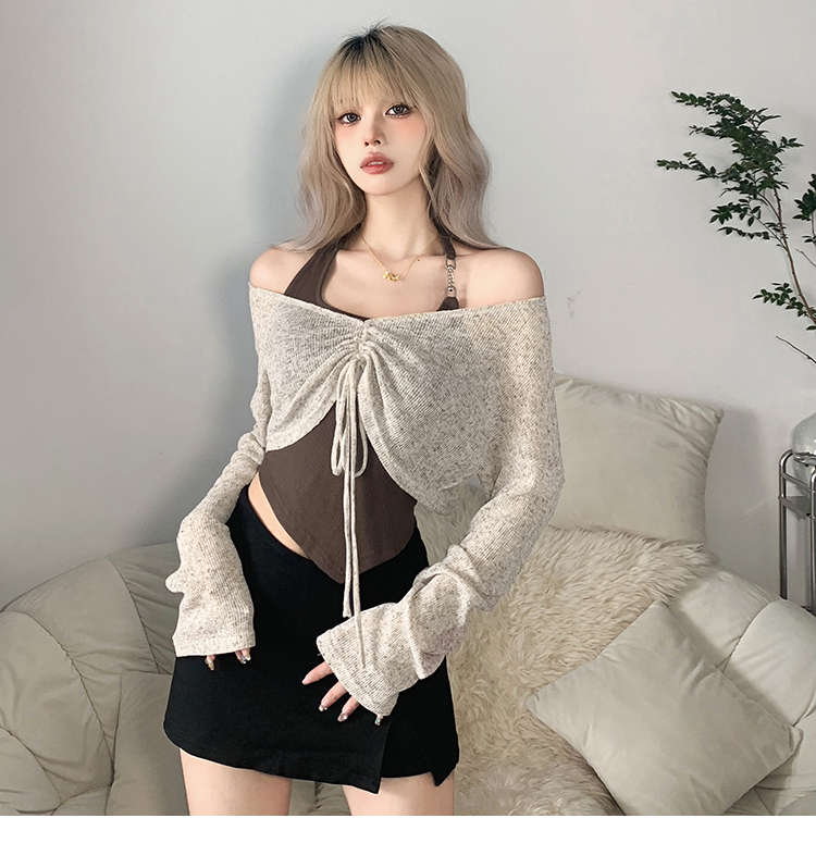 Autumn atmosphere irregular halterneck camisole with drawstring slimming long-sleeved T-shirt two-piece set