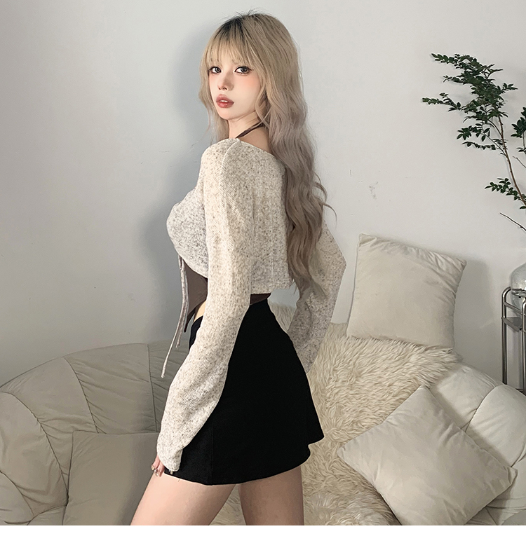 Autumn atmosphere irregular halterneck camisole with drawstring slimming long-sleeved T-shirt two-piece set