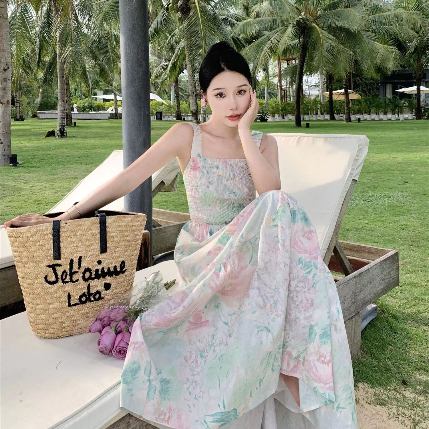 Oil painting girl gentle style high-end exquisite beach vacation floral suspender dress for women