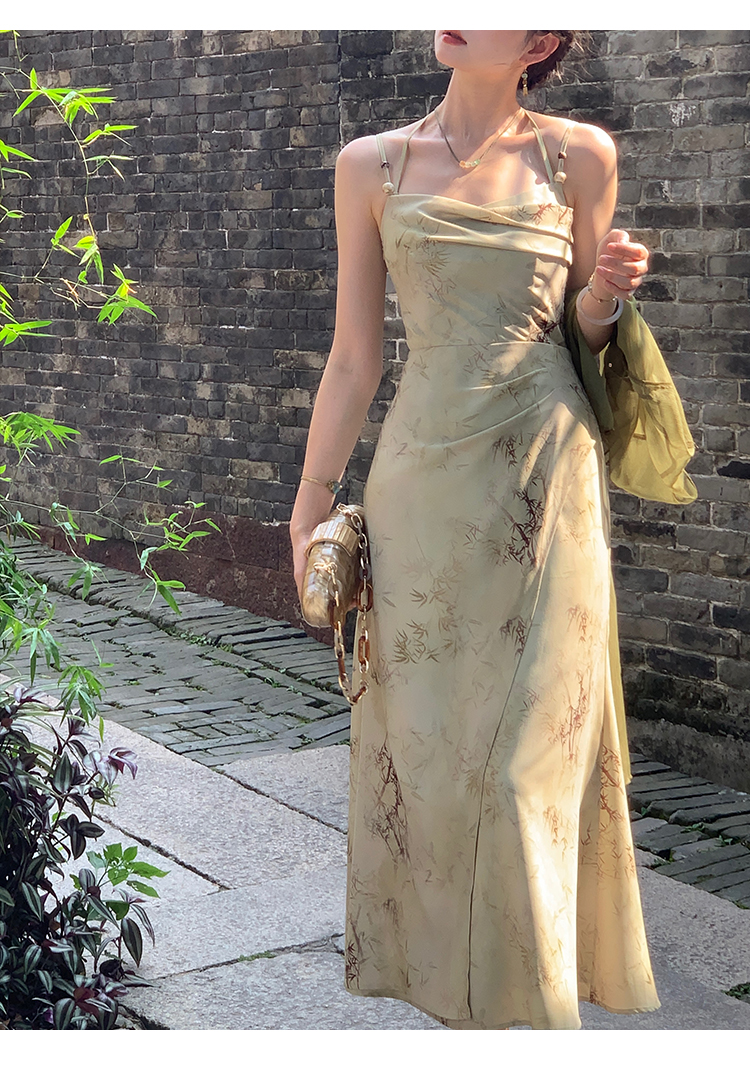 EIA Yiyao Bamboo Mist Forest New Chinese Style National Style Retro Suspender Dress Women's Summer Floral Waist Slimming
