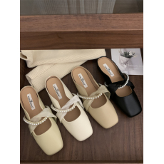 批发2024年春新方头串珠丝带仙女凉拖甜美<b class='q'>公主</b>后空单鞋时尚包头半拖鞋