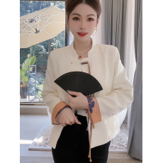 批发新中式盘扣立领外套女秋季新款长袖拼接设计国风暗纹提花别致上衣