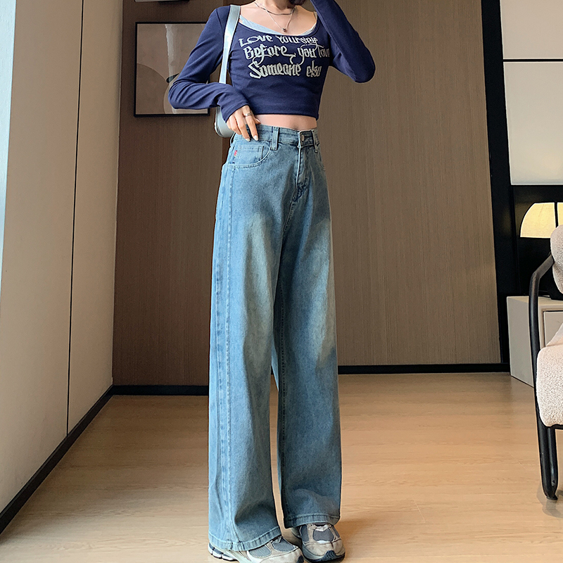 實拍大碼女裝新款高腰設計感拼接顯瘦百搭牛仔褲胖mm減齡休閒褲