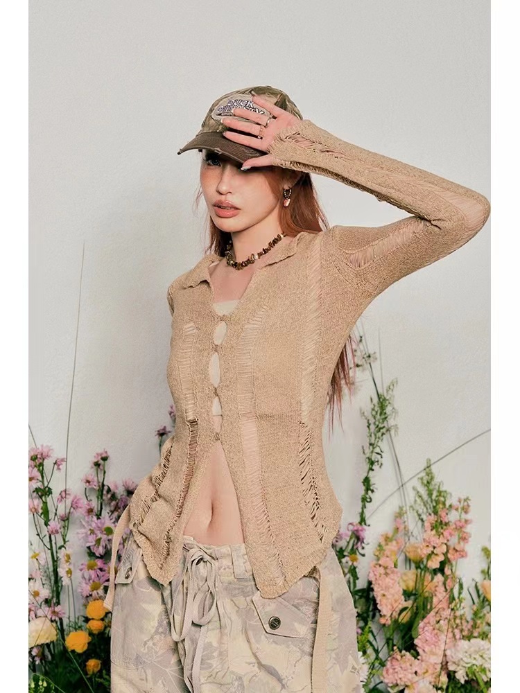 MOGU Spring and Autumn American Y2K Hot Girl Sexy Hollow Knitwear Women's Short Waist Long Sleeve Cardigan