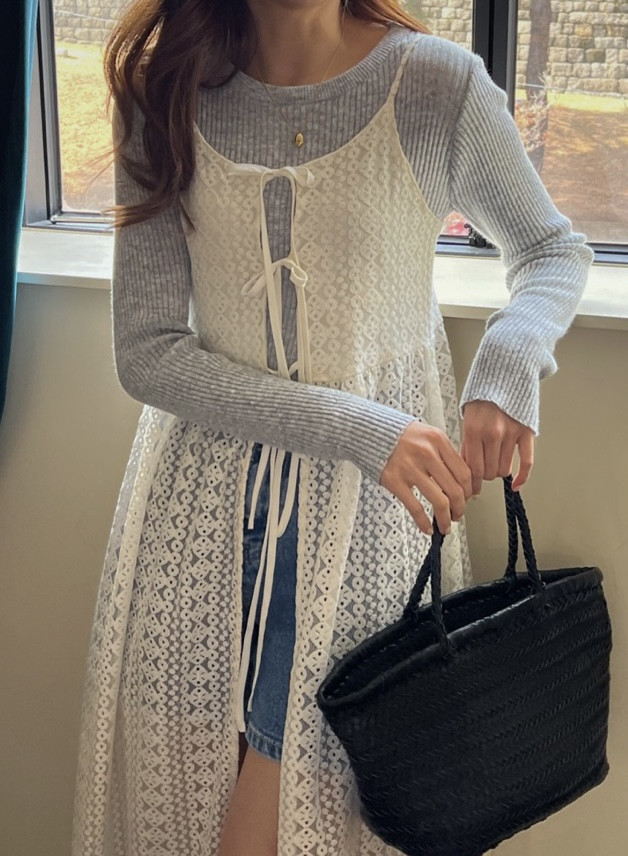 있음 선적 한국 chic 가을 새로운 작은 대중 디자인 레이스업 오픈 가디건 시스루 레이스 슬립 여성 드레스