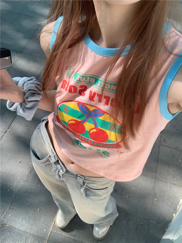 Sleeveless top for women dopamine summer design letter printed short sweet and spicy vest trendy and versatile for age reduction