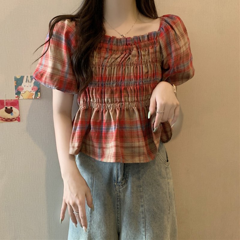 高質量格子短款短袖女夏甜辣妹設計感小眾法式別致泡泡袖上衣