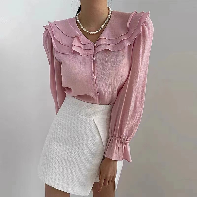 Korean spring and summer French gentle three-layer lotus leaf doll collar Tencel chiffon long-sleeved shirt for women